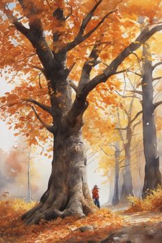 a painting of a person standing next to a tree in the woods with yellow leaves