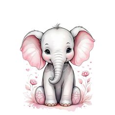 an elephant is sitting on the ground with pink flowers