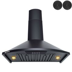 a black stove hood with two lights on it