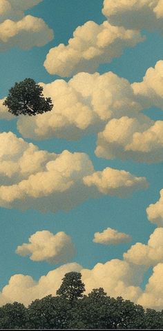 a painting of trees and clouds in the sky