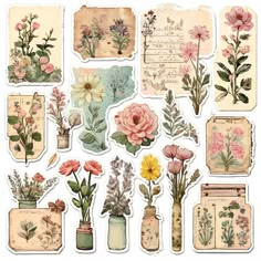 an assortment of stickers with flowers in vases and papers on the back ground