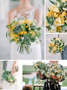 yellow and green wedding bouquets with succulents