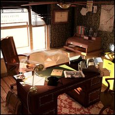 an old fashioned desk in the corner of a room filled with papers and other items