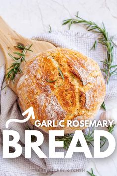 garlic rosemary bread on a wooden cutting board with the words garlic rosemary bread over it