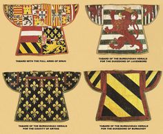 four different types of medieval clothing with lion emblems and lions on the chestes