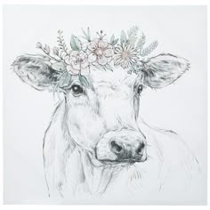 a drawing of a cow wearing a flower crown