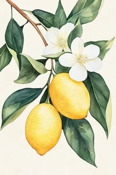 two lemons on a branch with white flowers