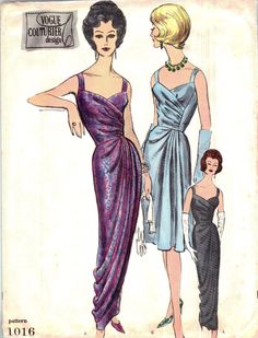 Slim skirt in two lengths with a draped overskirt. The skirt joins to a bodice at normal waist-line in front and dips slightly at the back. The bodice has a cinched wrap effect which is flattering across the stomach. See back of pattern. Pattern is counted and complete, showing slight wear appropriate to age. I have thousands of patterns I'm yet to list, so if you're looking for something specific please email me. Evening Gown Pattern, 1960s Vogue, Mccalls Patterns Vintage, Patron Vintage, Vestidos Retro, Evening Blouses, Gown Pattern, Vintage Dress Patterns, Dress Making Patterns