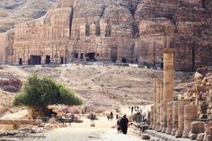 people are walking around in the desert near some large rocks and stone structures with trees growing out of them