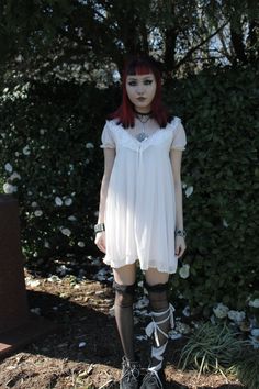 Fairy grimes goth bat elvira fairy core alt alternative Goth Fairy Fashion, Alt Fairy Outfit, Alternative White Outfit, White Dress Goth Outfit, Grimes Aesthetic Outfits, Black And White Goth Outfit, Goth White Dress, Dark Fairy Aesthetic Clothes, Kinderwhore 90s Grunge Style