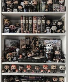 a book shelf filled with lots of books and figurines on top of it