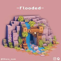 an image of a game screen with the words flooded on it and a small waterfall