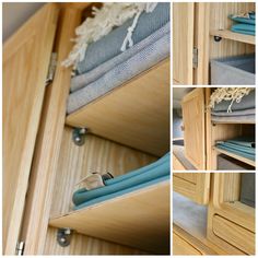 several photos of the inside of a closet with folded towels and linens in it