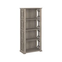 an open bookcase with four shelves on each side