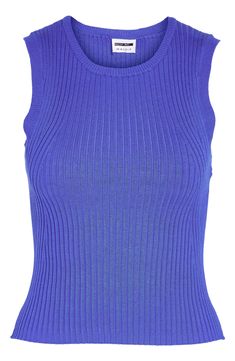 Build chic outfits for work or the weekend in this wide-ribbed sleeveless top knit with sustainably sourced fibers. 19" length (size medium) Crewneck Sleeveless 70% Lenzing™ EcoVero™ viscose, 30% nylon Lenzing EcoVero viscose is a sustainably produced fiber using pulp made from renewable wood sources and certified with the EU Ecolabel for high environmental standards, including lower emissions and water usage than generic viscose Machine wash, dry flat Imported Blue Ribbed Crew Neck Tank Top, Summer Ribbed Tank Sweater Vest, Spring Sleeveless Sweater Vest With Ribbed Neckline, Chic Ribbed Vest For Spring, Ribbed Tank Sweater Vest For Summer, Solid Sleeveless Ribbed Top, Fitted Sleeveless Top With Ribbing, Spring Ribbed Sweater Vest For Work, Ribbed Crew Neck Sweater Vest For Summer