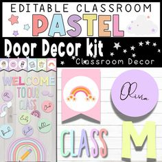 a classroom door decoration kit with the words pastel and rainbows in different colors