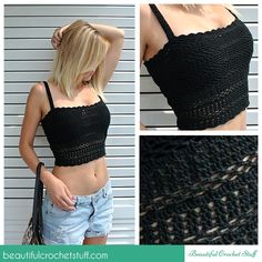 an image of a woman wearing a crop top with crochet on the bottom