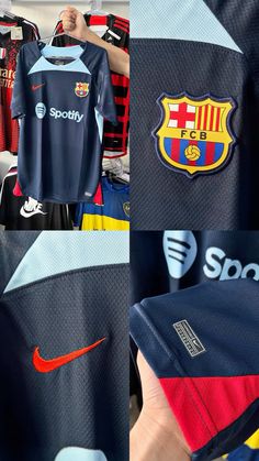 there are many different soccer jerseys on display