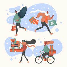 people are running and riding bicycles with gifts