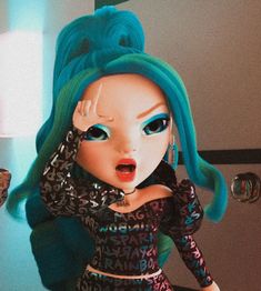 a close up of a doll with blue hair