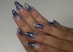 Navy And Silver Nails, Navy Nails Design, Blue And Silver Nails, Prom Nails Silver, Silver Nail Designs, Navy Nails, Navy Blue Nails, Hippie Nails, Airbrush Nails