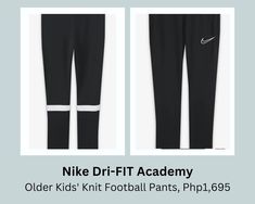 This image presents Nike Dri-FIT Academy Older Kids' Knit Football Pants.