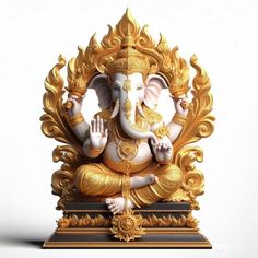 an elephant statue sitting on top of a wooden stand in front of a white background