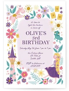 a birthday card with an image of a princess and her castle in the middle, surrounded by flowers