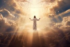 jesus in the clouds with his arms spread wide open and hands outstretched above him, surrounded by white doves