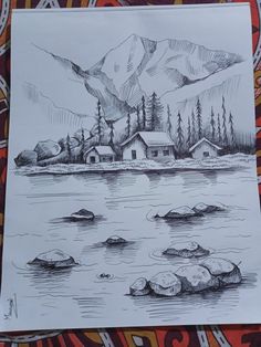 a drawing of a house on the shore of a lake with mountains in the background