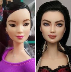 two dolls are shown side by side, one with black hair and the other without