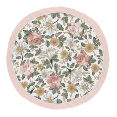 a white and pink flowered plate with green leaves