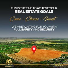 an advertisement for real estate in the middle of a field with a red marker on it