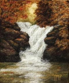 a needled painting of a waterfall in the woods