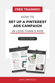 the sign up for pinterest ads campaign is shown in red and white, with text