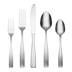 an assortment of silverware including forks, knives and spoons on a white background