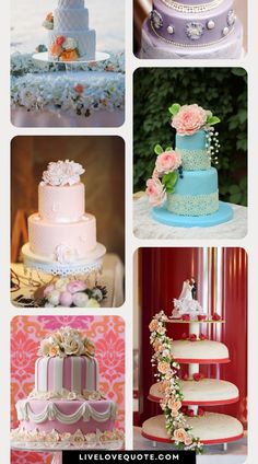 many different types of wedding cakes with flowers on each tier and one cake in the middle