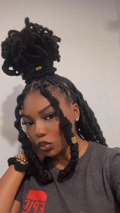 Soft Loc Updo Styles Long, Foam Festival Outfit, Faux Loc Petal Bun, Soft Loc Styles, Puffy Locs, Jah Locs, Medium Locs, Cute Weave Hairstyles