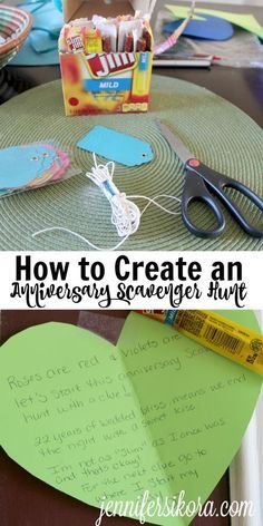 two pictures showing how to create an anniversary scavenger hunt with paper and scissors