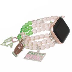 AKA Sorority Pink Green Glass Watch Band for Women Alpha Kappa Alpha Sorority Paraphernalia, Aka Sorority Gifts, Aka Sorority, Alpha Kappa Alpha Sorority, Go Pink, Head Chain, Alpha Kappa Alpha, Sorority Gifts, Sorority Outfits