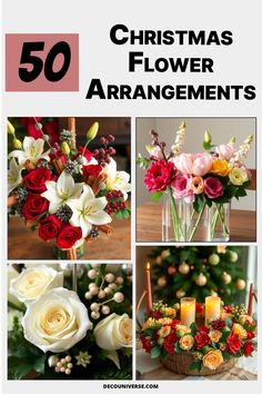 christmas flowers arranged in vases with candles and greenery on the bottom right hand corner