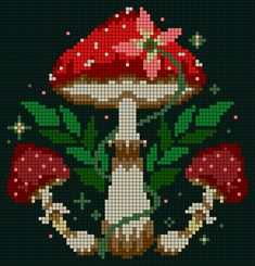 a cross stitch pattern with mushrooms and leaves