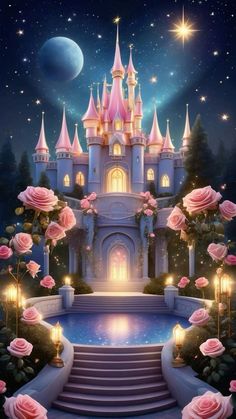 an image of a castle with roses in the foreground and stars in the background