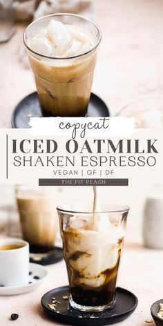 Two images of coffee in a glass on a black coaster. Milk Frother Recipes, Iced Shaken Espresso, Creamy Oat Milk, Shaken Espresso, Nespresso Recipes, Mocha Recipe, Hazelnut Milk, Copycat Starbucks, Iced Mocha