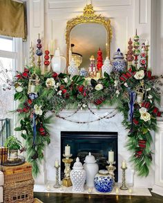 Maximalist Christmas Fireplace Mantle Idea. Magnolia Christmas. Christmas garland idea. Chinoiserie Christmas. Ginger jars. Glass tree toppers. Christmas glass. Holiday centerpiece. Magnolia flowers. Stockings. Christmas ribbon. Chinoiserie Christmas Mantle, Country Club Christmas Decor, Blue And White Christmas Mantle, Tartan And Chinoiserie Christmas, Ralph Lauren Christmas Decor, Chinoiserie Christmas Decor, Christmas Fireplaces, Christmas Mantles, Nutcracker Christmas Tree