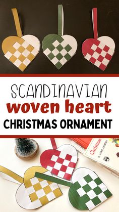 christmas ornament made out of paper with the words scandinavian woven heart on it