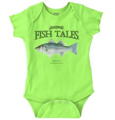 Brisco Brands Gill McFinn Striped Bass Fisherman Baby Romper Boys or Girls related product $0.00 $0.00 $0.00  boating sailing kayaking vacation beach camping outdoors sports fly-fishing charter boat crabbing angling retirement weekend dad father grandpa grandfather leisure relaxing hobby clothes newborn onepiece short sleeve jumpsuit infant shower male female Description Size Chart Payment Shipping Returns Atlantic Coast anglers are no stranger to this silver beauty. The Striped Bass is so commo Fish Tales, Striped Bass, Romper Bodysuit, Brown Trout, Newborn Baby Boy, Short Sleeve Jumpsuits, Boys Romper, Gift Newborn, One Piece Bodysuit