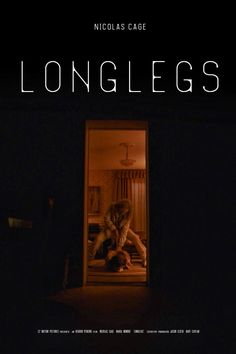 a movie poster for long legs with a woman sitting on the floor in front of an open door