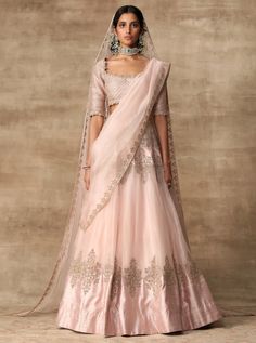 Ridhi Mehra-Blush Pink Blouse With Lehenga & Dupatta-INDIASPOPUP.COM Luxury Elegant Lehenga With Zari Weaving, Luxury Draped Lehenga With Zari Work, Luxury Lace Lehenga With Resham Embroidery, Luxury Front Open Lehenga With Zari Work, Luxury Lehenga With Resham Embroidery In Traditional Drape, Luxury Lehenga With Resham Embroidery In Lace, Blouse With Lehenga, Brocade Lehenga, Ridhi Mehra