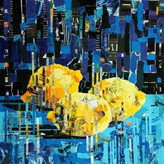 an abstract painting with blue and yellow colors